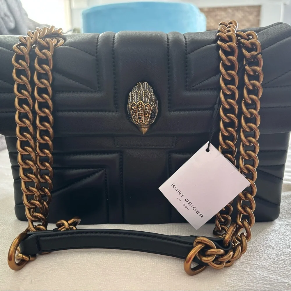 Kurt Geiger Black Kensington Quilted Crossbody with Gold Chain Detail - Picture 1 of 4
